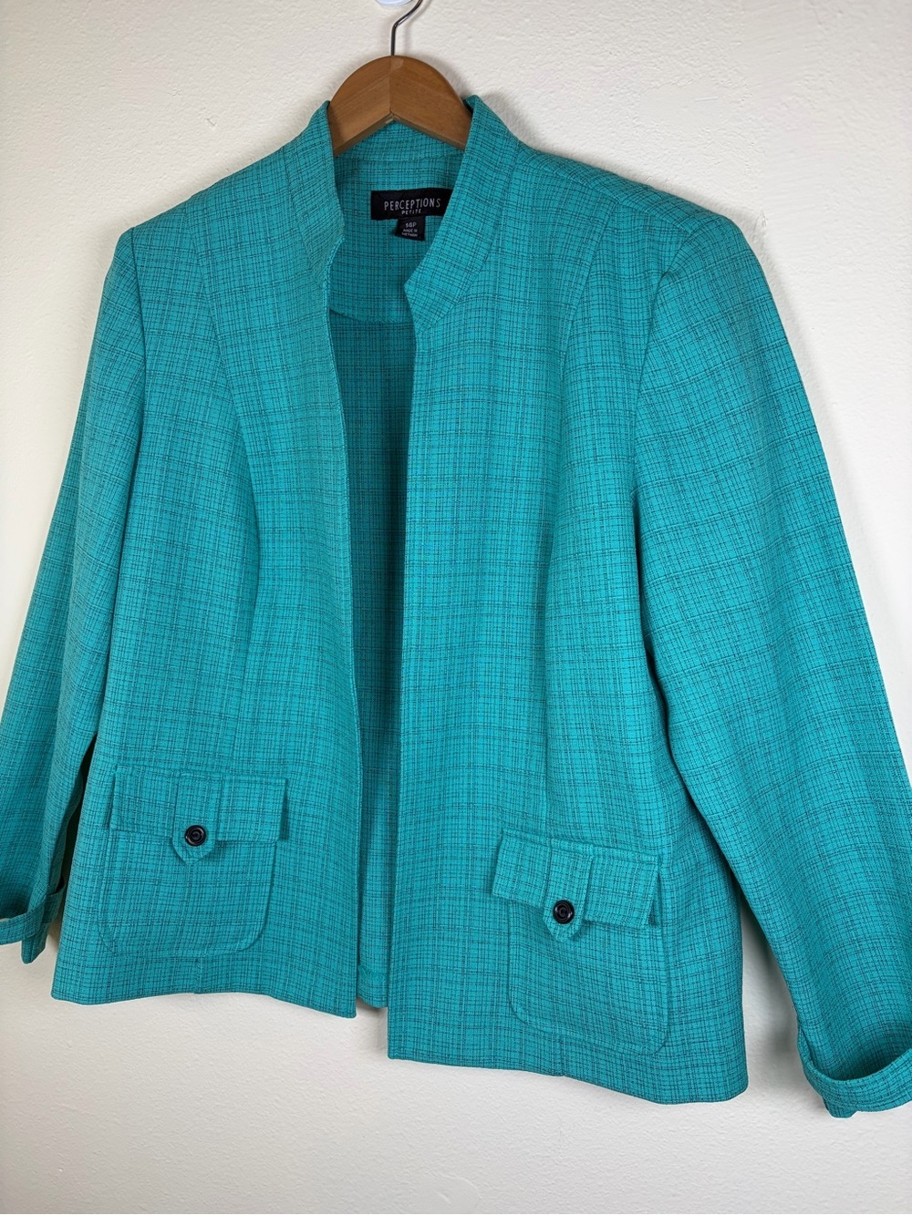Perceptions Petite Aqua Textured Open Front Blazer Jacket 14P Career Office